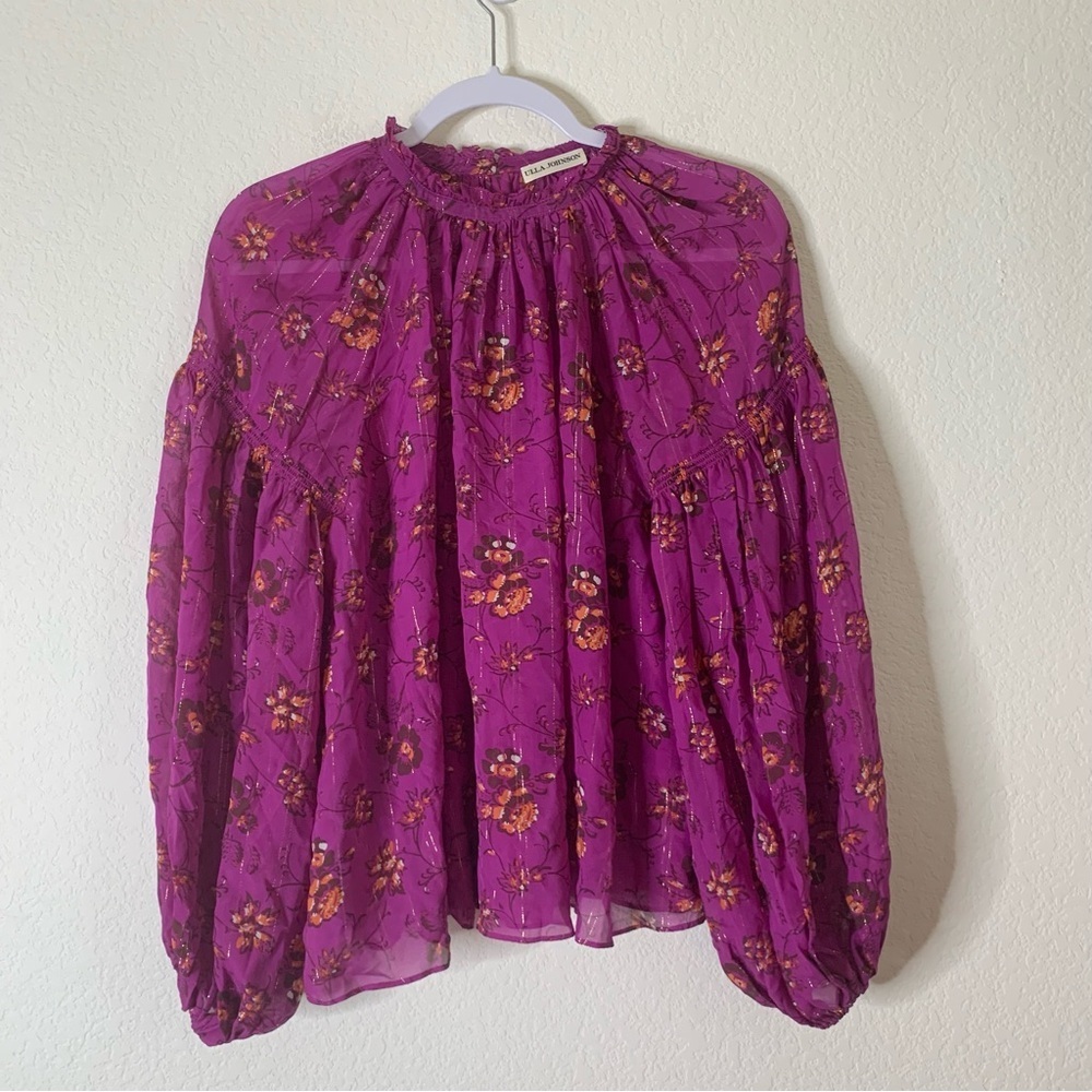 Ulla Johnson Womens purple silk floral long sleeve sheer blouse 8